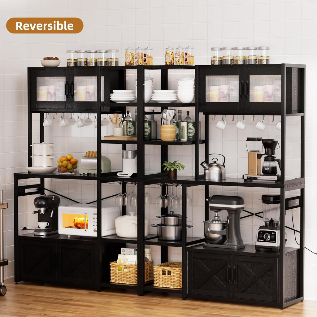 Bakers Rack with Storage Cabinet, 5-Tier Coffee Bar with Power Outlet and LED Lights, Industrial Microwave Oven Stand with Shelves, Kitchen Storage Shelf, Black