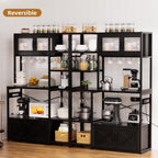 Bakers Rack with Storage Cabinet, 5-Tier Coffee Bar with Power Outlet and LED Lights, Industrial Microwave Oven Stand with Shelves, Kitchen Storage Shelf, Black