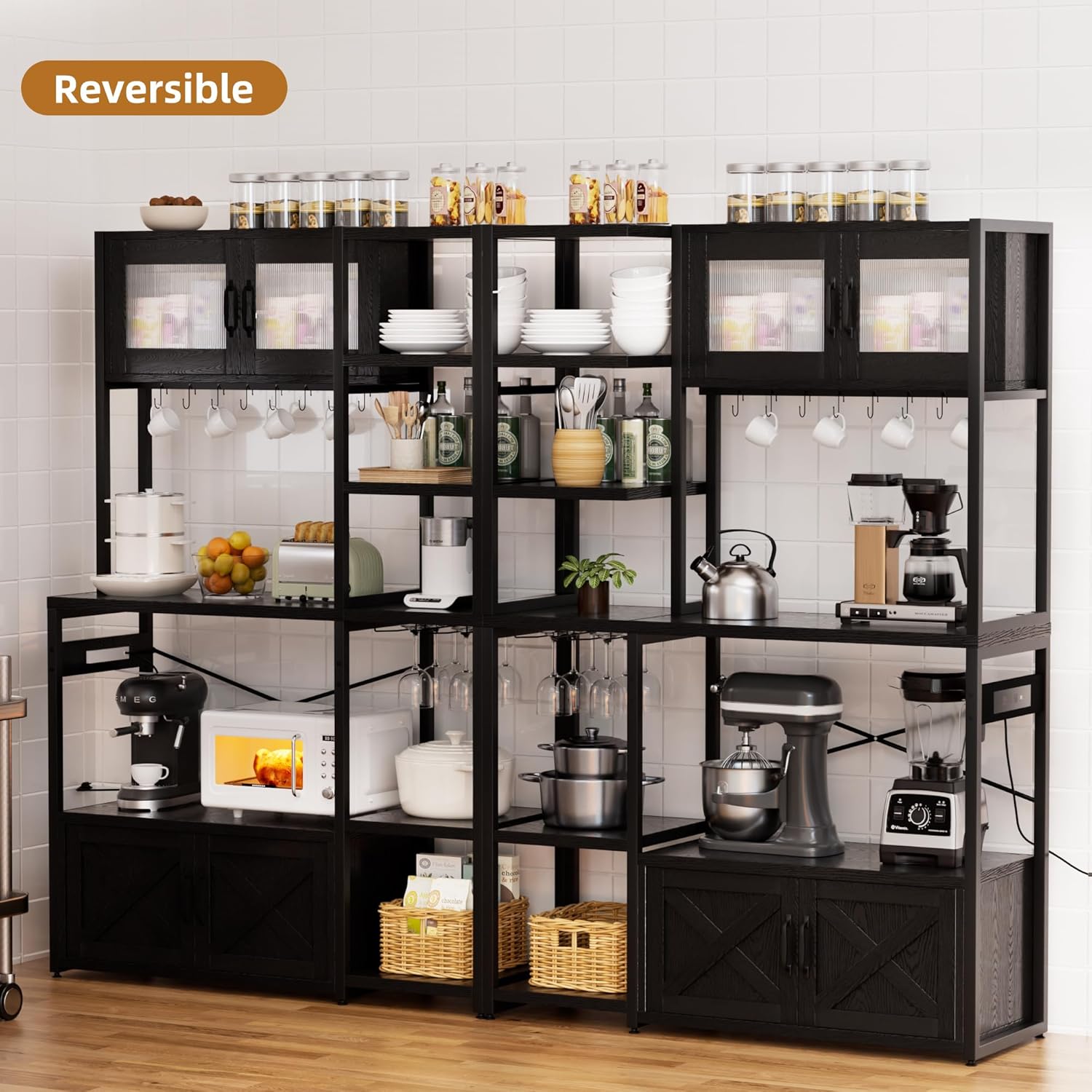 Bakers Rack with Storage Cabinet, 5-Tier Coffee Bar with Power Outlet and LED Lights, Industrial Microwave Oven Stand with Shelves, Kitchen Storage Shelf, Black
