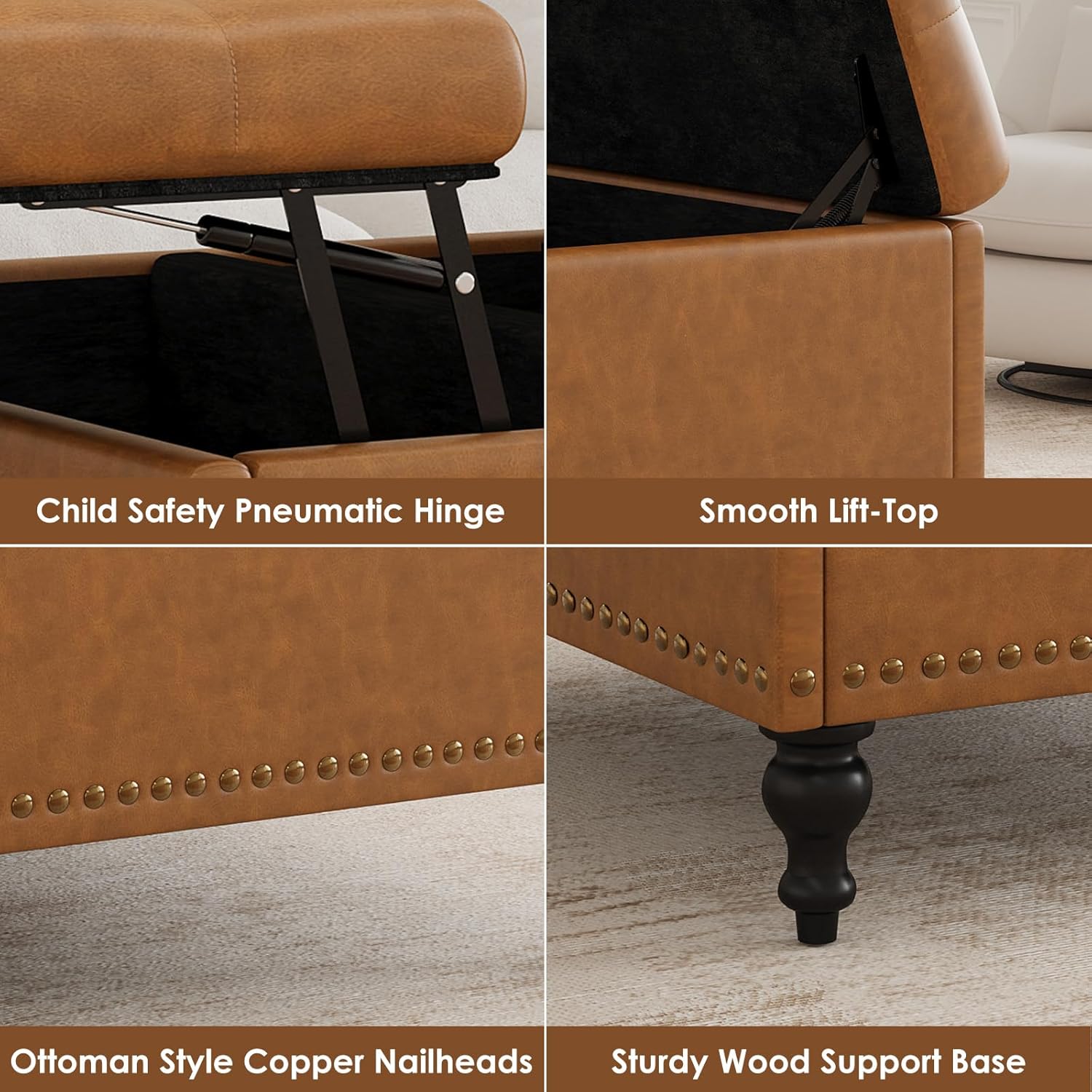Square Leather Ottoman with Storage, Coffee Table Ottoman with Lift Top, Large Upholstered Footrest Storage, Brown