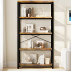 5-Tier Adjustable Heavy Duty Bookshelf, Industrial Wooden Open Storage Rack with Black Metal Frame, Vintage Bookcase with Lock Wall Design, Rustic Brown