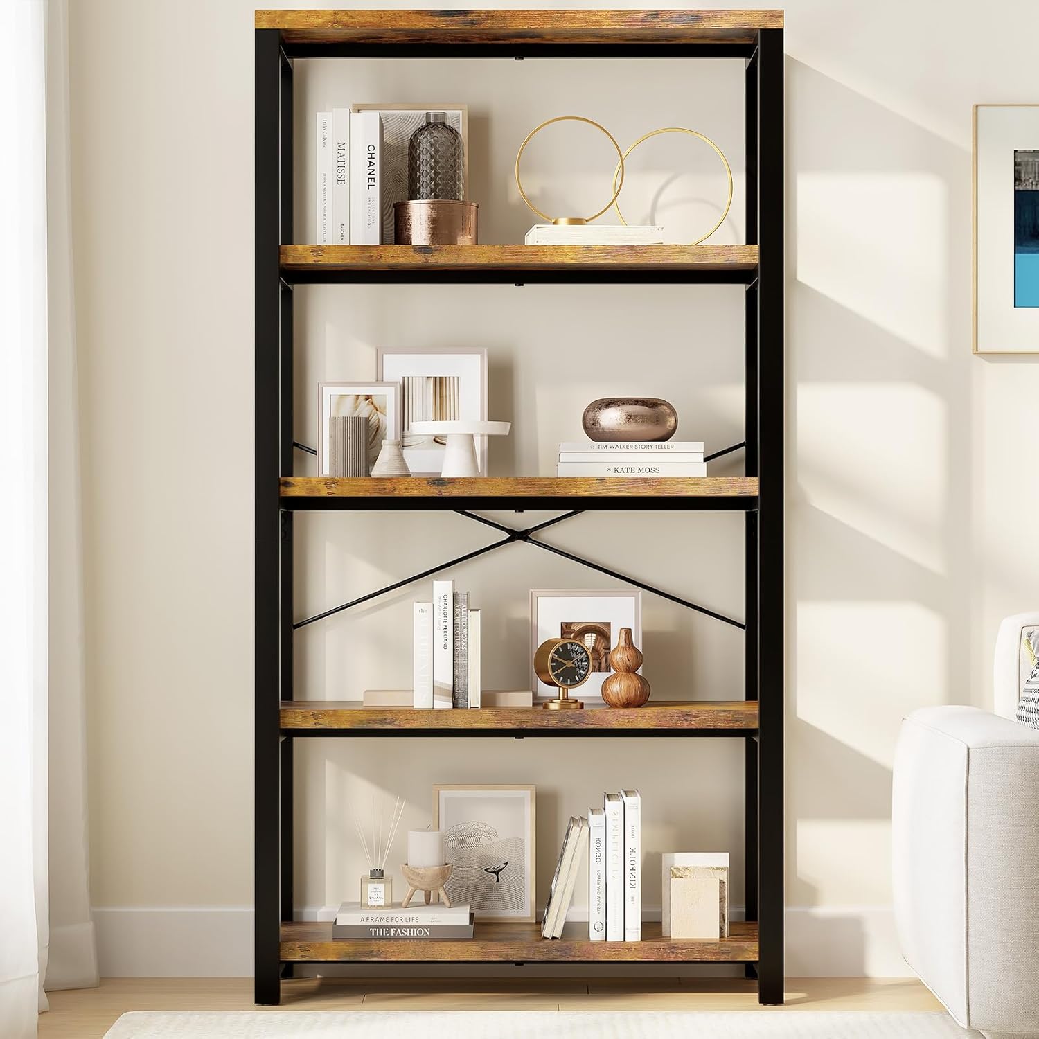 5-Tier Adjustable Heavy Duty Bookshelf, Industrial Wooden Open Storage Rack with Black Metal Frame, Vintage Bookcase with Lock Wall Design, Rustic Brown