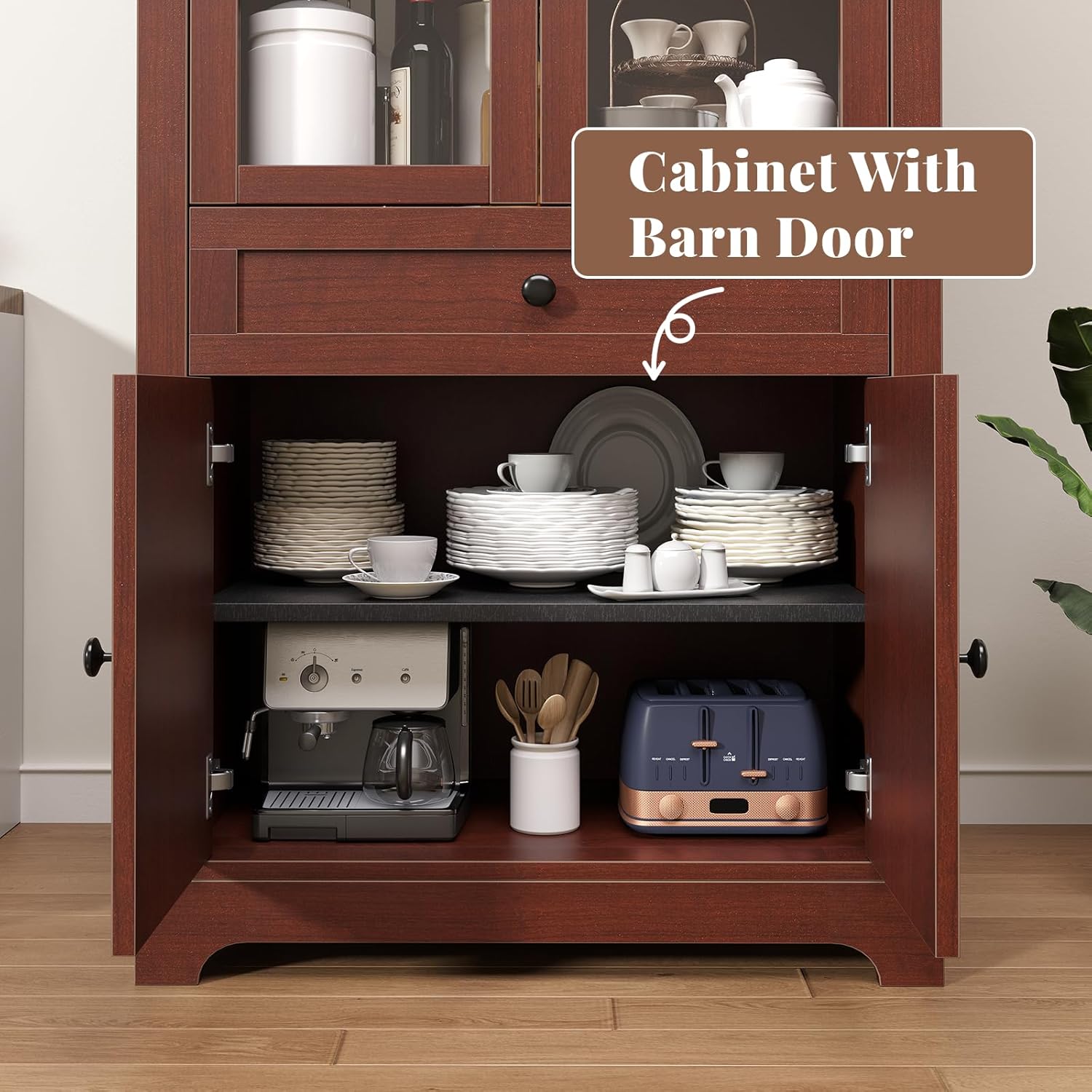 71" Tall Farmhouse Arched Storage Cabinet with Glass Door, Drawer and Barn Door, Versatile Pantry for Kitchen, Dining Room, Bathroom, Brown