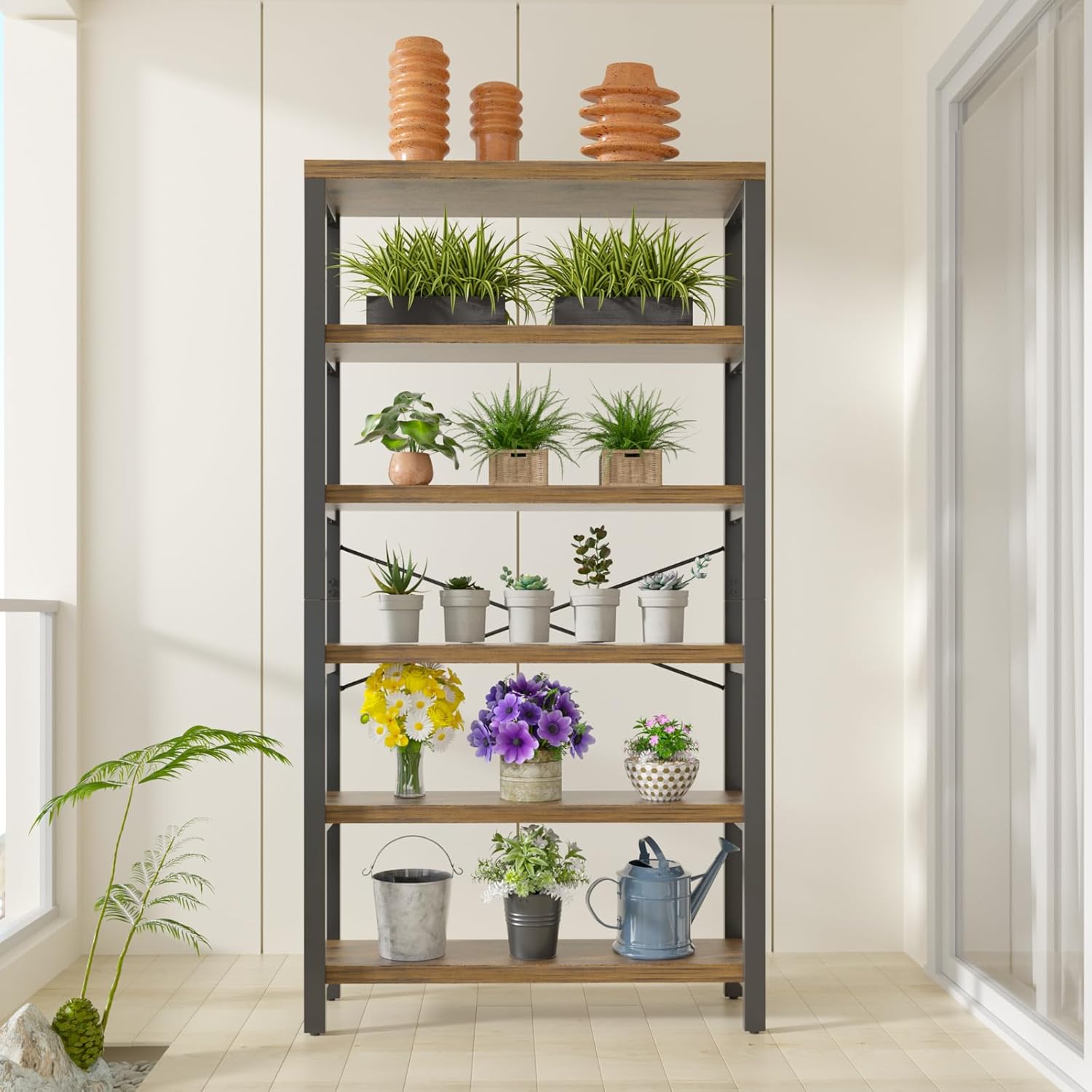 6-Tier Adjustable Heavy Duty Bookshelf, Industrial Wood and Metal Bookshelf, Vintage Bookcase with Lock Wall Design, Shelves for Room Wall Standing, Rustic Brown