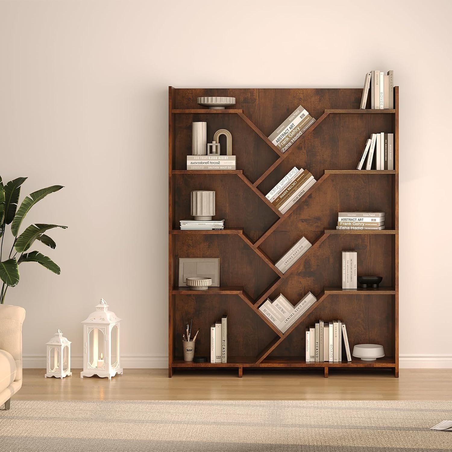 5-Tier Large Wooden Tree Bookshelf, 71" Tall Bookcase Organizer, Storage Rack with Open Shelves for Living Room, Bedroom, Home Office, Rustic Brown