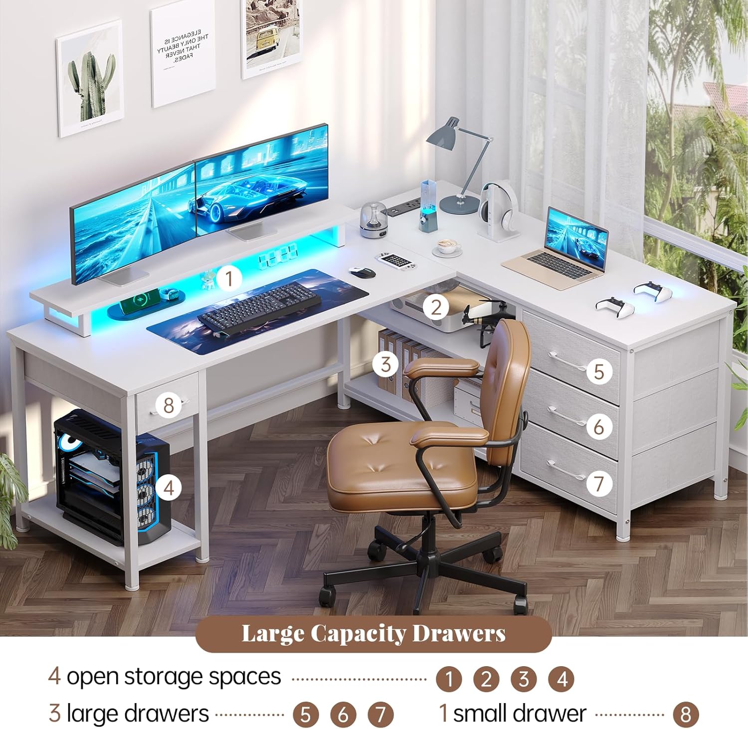 61" L Shaped Computer Desk with Monitor Stand, Reversible Corner Gaming Desk with Drawers, Home Office Desk with Power Outlets & USB Ports, LED Lights, White