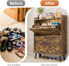 Farmhouse Entryway Shoe Storage Cabinet with 2 Flip Drawers, Shoe Rack Organizer for Hallway, Rustic Wood Furniture with Open Shelves