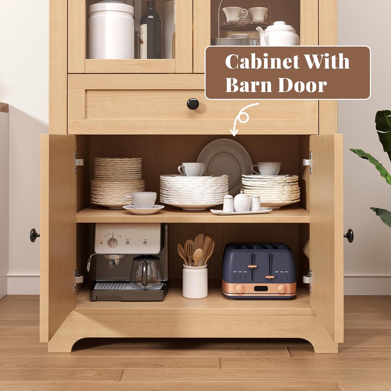 71" Tall Farmhouse Arched Storage Cabinet with Glass Door, Drawer and Barn Door, Versatile Pantry for Kitchen, Dining Room, Bathroom, Natural
