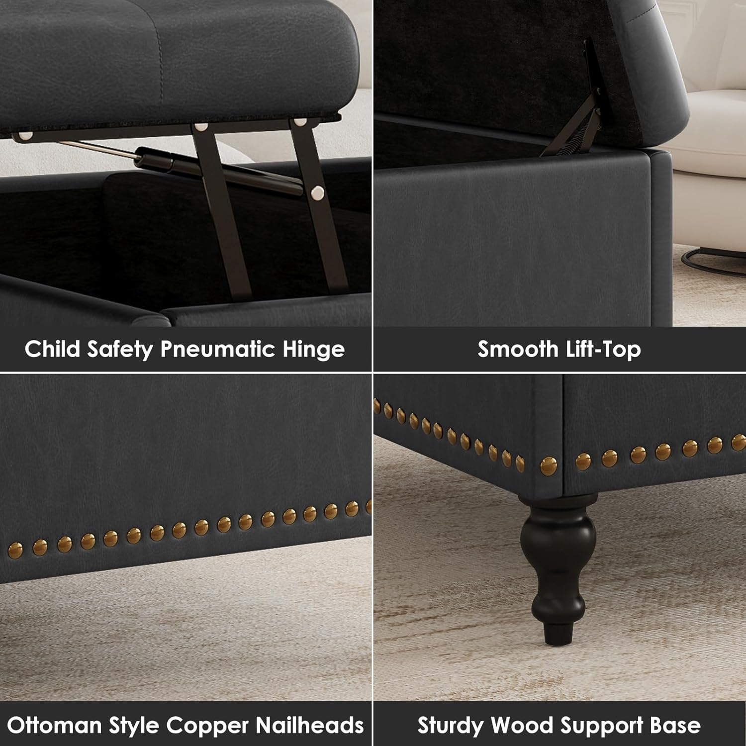 Versatile Lift-Top Ottoman, Multi-Function Storage Bench and Coffee Table in Leather for Living Room or Bedroom, Easy-to-Assemble, Black
