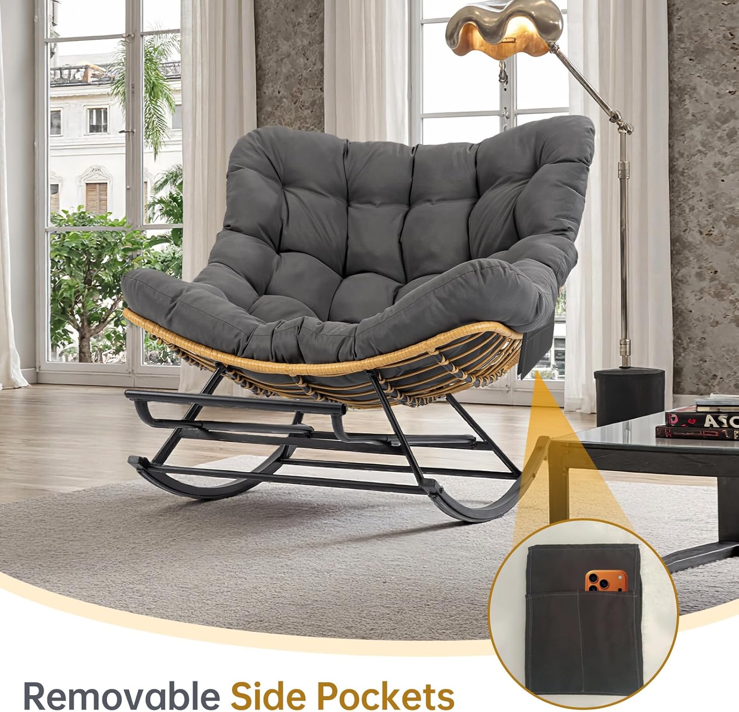 Egg Chair Wicker Outdoor Chairs, Oversized Patio Lounger Chair with Water Resistant PE Rattan, Adjustable Footstool, and Cushioned Comfort for Porch Garden Living Room Chrismas,Dark Grey