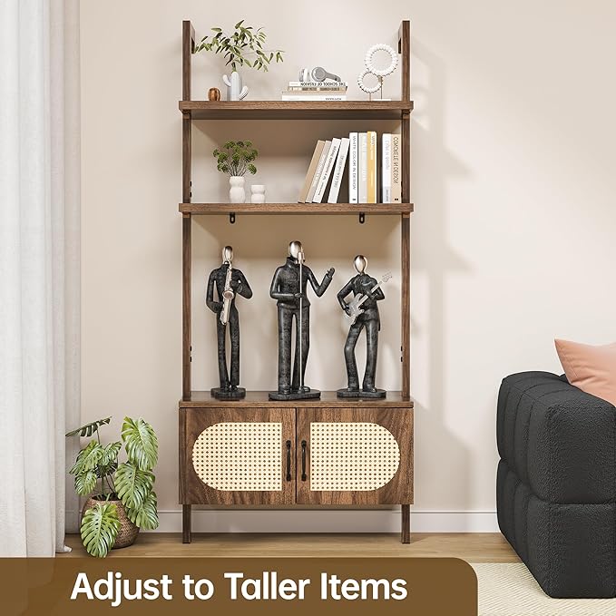 72" Tall Ladder Bookshelf with Cabinet - Faux Wood Grain Finish, 5-Tier Open Storage with Rattan Doors, Wall Mounted Book Shelf, Rustic Brown