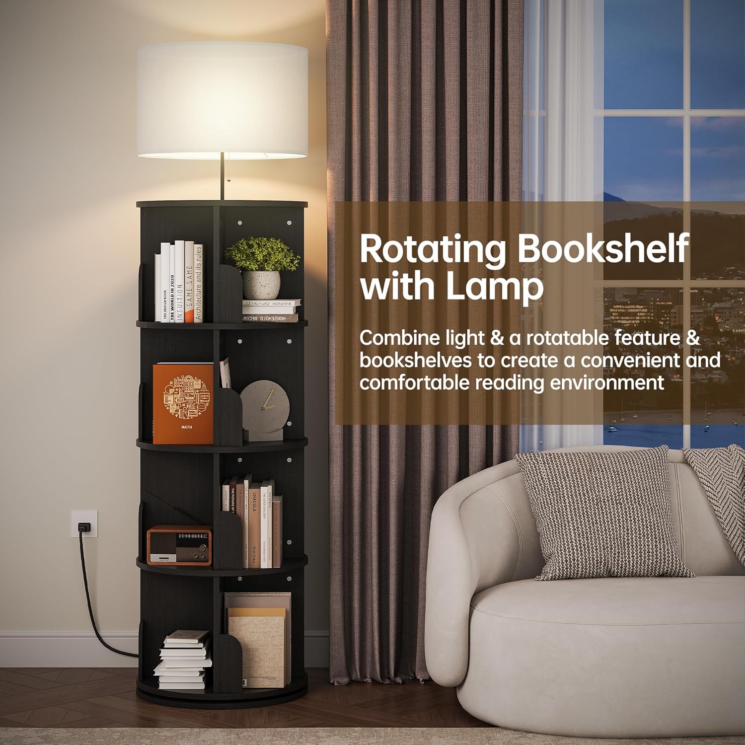 Rotating 4-Tier Bookshelf with Adjustable Light, 360° Spinning Bookcase Tower, Tall Floor Standing Book Shelf for Bedroom, Living Room, Office, Black