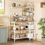 L-Shaped Bakers Rack with Power Sockets, 6-Tier Microwave Stand with Hooks, Coffee Bar with Open Storage, Mesh Grid, Kitchen Shelf with Wire Basket, White