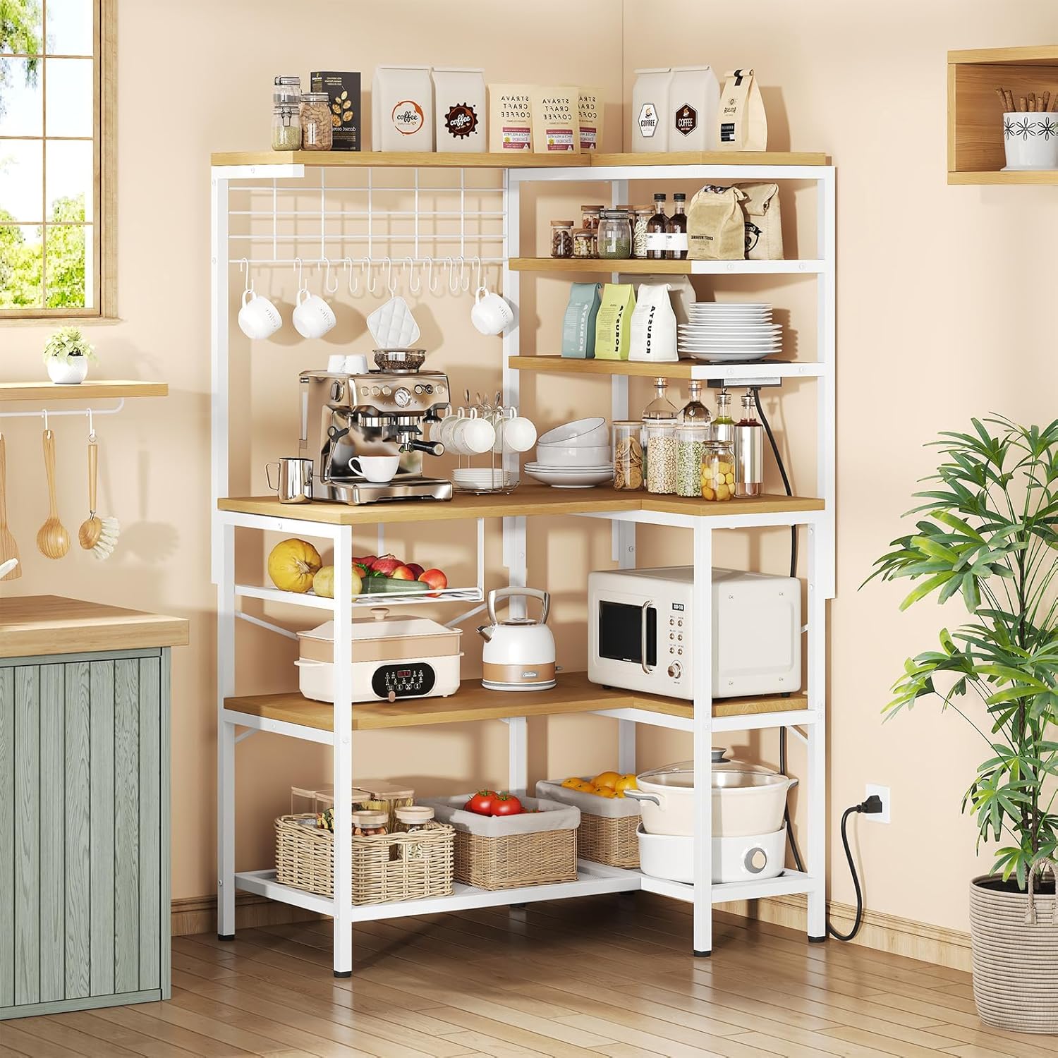 L-Shaped Bakers Rack with Power Sockets, 6-Tier Microwave Stand with Hooks, Coffee Bar with Open Storage, Mesh Grid, Kitchen Shelf with Wire Basket, White