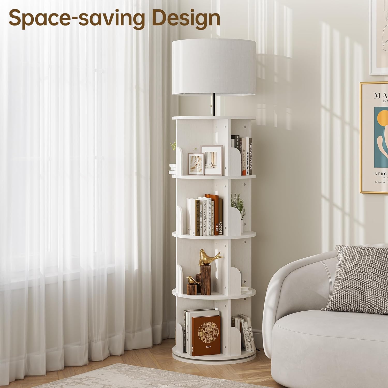 4 Tier Rotating Bookshelf with Lamp, 3 Color Temperatures, Vertical Bookcase Tower, Space-Saving Floor Standing Organizer for Living Room, Bedroom, White