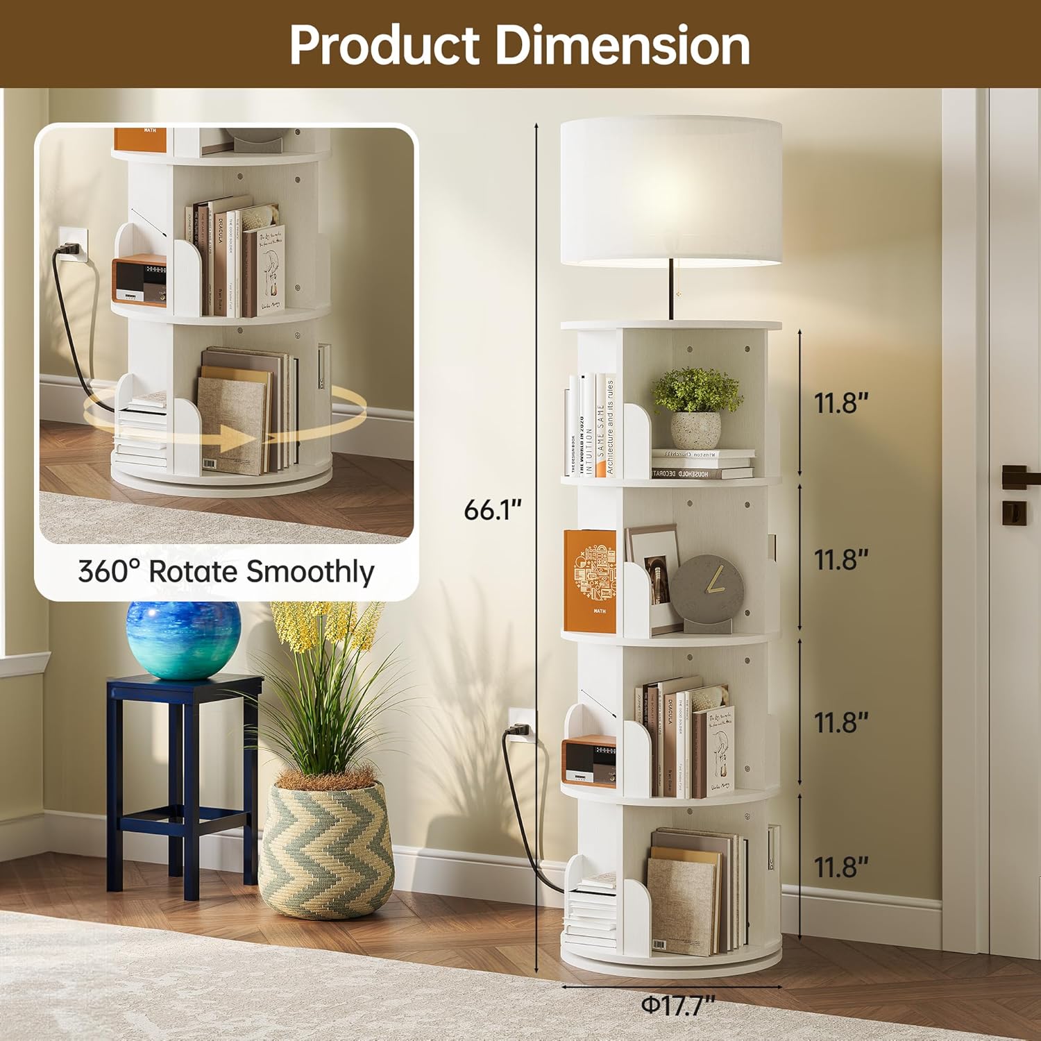 4 Tier Rotating Bookshelf with Lamp, 3 Color Temperatures, Vertical Bookcase Tower, Space-Saving Floor Standing Organizer for Living Room, Bedroom, White