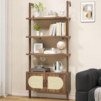 72" Tall Ladder Bookshelf with Cabinet - Faux Wood Grain Finish, 5-Tier Open Storage with Rattan Doors, Wall Mounted Book Shelf, Rustic Brown