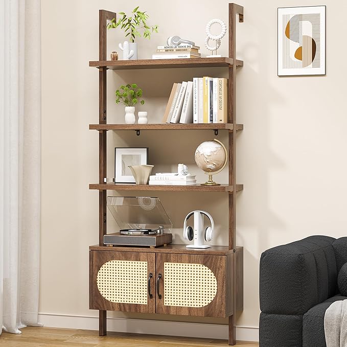 72" Tall Ladder Bookshelf with Cabinet - Faux Wood Grain Finish, 5-Tier Open Storage with Rattan Doors, Wall Mounted Book Shelf, Rustic Brown