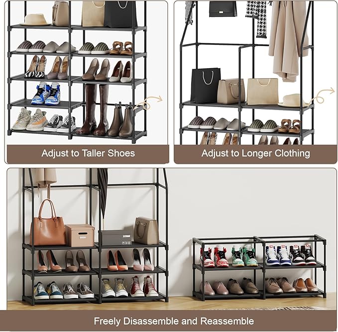 3-in-1 Double Row Coat Shoe Rack Space-Saving Entryway Furniture, Hall Tree with Shoe Storage, Multifunctional Solution, 16 Hooks, Black
