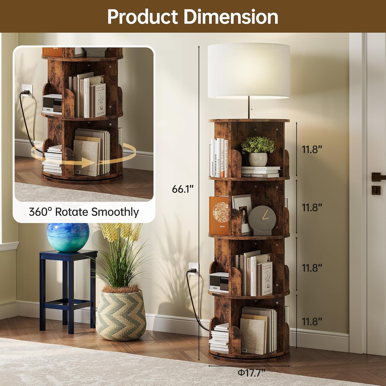 4 Tier Rotating Bookshelf with Light, 360° Spinning Bookcase Tower, Vertical Floor Standing Revolving Bookshelf Organizer for Small Spaces, Corner, Living Room, Bedroom, Rustic Brown
