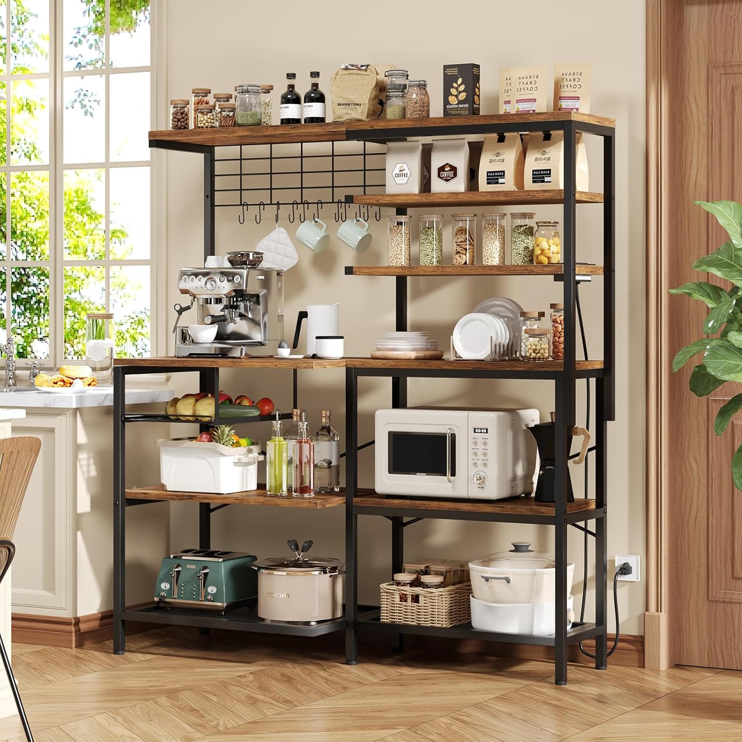 L-Shaped Bakers Rack with Power Outlet, 6-Tier Microwave Stand with Open Storage, Coffee Bar with Hooks, Mesh Grid, Kitchen Shelf with Wire Basket, Rustic Brown and Black
