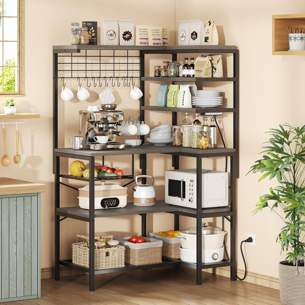L-Shaped Bakers Rack with Power Outlets, 6-Tier Microwave Stand with Hooks, Coffee Bar with Open Storage, Mesh Grid, Kitchen Shelf with Wire Basket, Grey