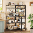 L-Shaped Bakers Rack with Power Outlets, 6-Tier Microwave Stand with Hooks, Coffee Bar with Open Storage, Mesh Grid, Kitchen Shelf with Wire Basket, Grey