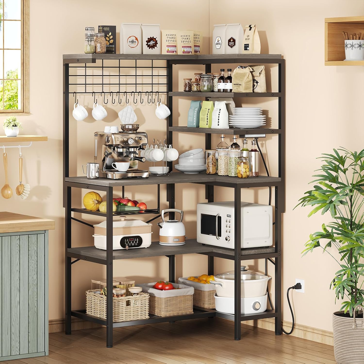 L-Shaped Bakers Rack with Power Outlets, 6-Tier Microwave Stand with Hooks, Coffee Bar with Open Storage, Mesh Grid, Kitchen Shelf with Wire Basket, Grey