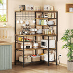 L-Shaped Bakers Rack with Power Outlet, 6-Tier Microwave Stand with Open Storage, Coffee Bar with Hooks, Mesh Grid, Kitchen Shelf with Wire Basket, Rustic Brown and Black