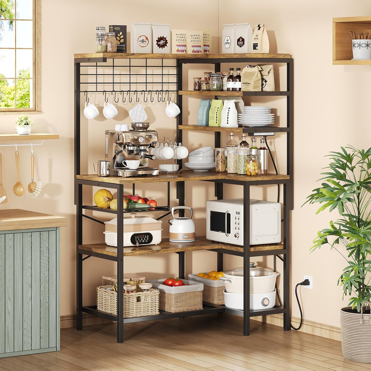 L-Shaped Bakers Rack with Power Outlet, 6-Tier Microwave Stand with Open Storage, Coffee Bar with Hooks, Mesh Grid, Kitchen Shelf with Wire Basket, Rustic Brown and Black