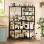 L-Shaped Bakers Rack with Power Outlet, 6-Tier Microwave Stand with Open Storage, Coffee Bar with Hooks, Mesh Grid, Kitchen Shelf with Wire Basket, Black