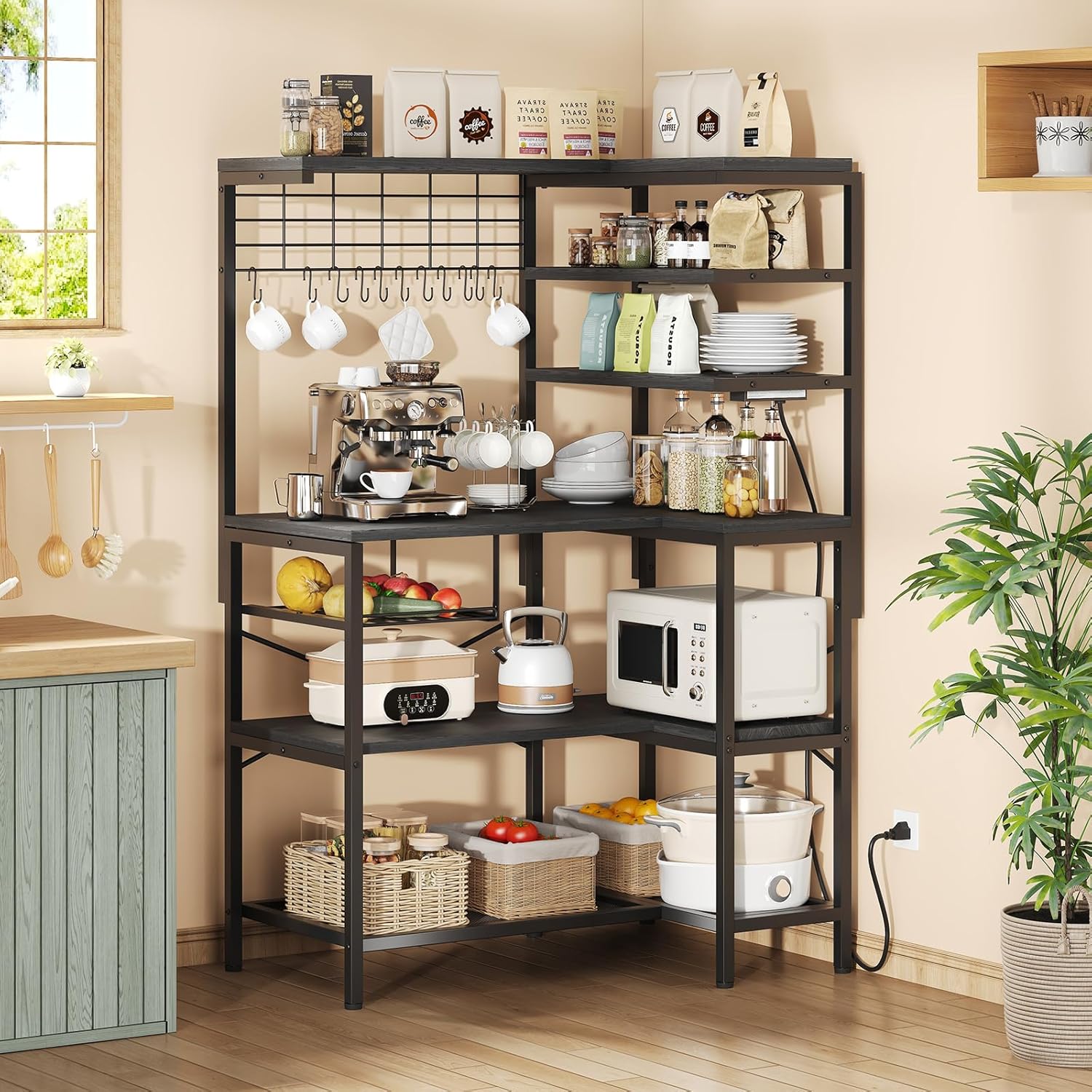 L-Shaped Bakers Rack with Power Outlet, 6-Tier Microwave Stand with Open Storage, Coffee Bar with Hooks, Mesh Grid, Kitchen Shelf with Wire Basket, Black
