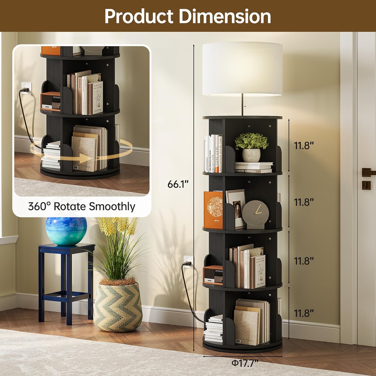 Rotating 4-Tier Bookshelf with Adjustable Light, 360° Spinning Bookcase Tower, Tall Floor Standing Book Shelf for Bedroom, Living Room, Office, Black