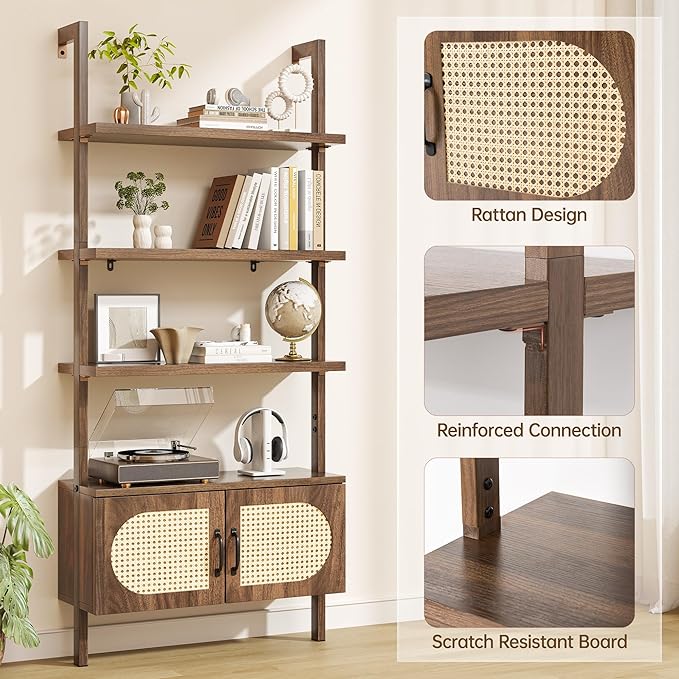72" Tall Ladder Bookshelf with Cabinet - Faux Wood Grain Finish, 5-Tier Open Storage with Rattan Doors, Wall Mounted Book Shelf, Rustic Brown
