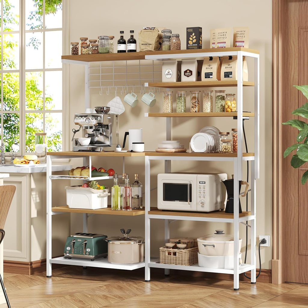 L-Shaped Bakers Rack with Power Sockets, 6-Tier Microwave Stand with Hooks, Coffee Bar with Open Storage, Mesh Grid, Kitchen Shelf with Wire Basket, White
