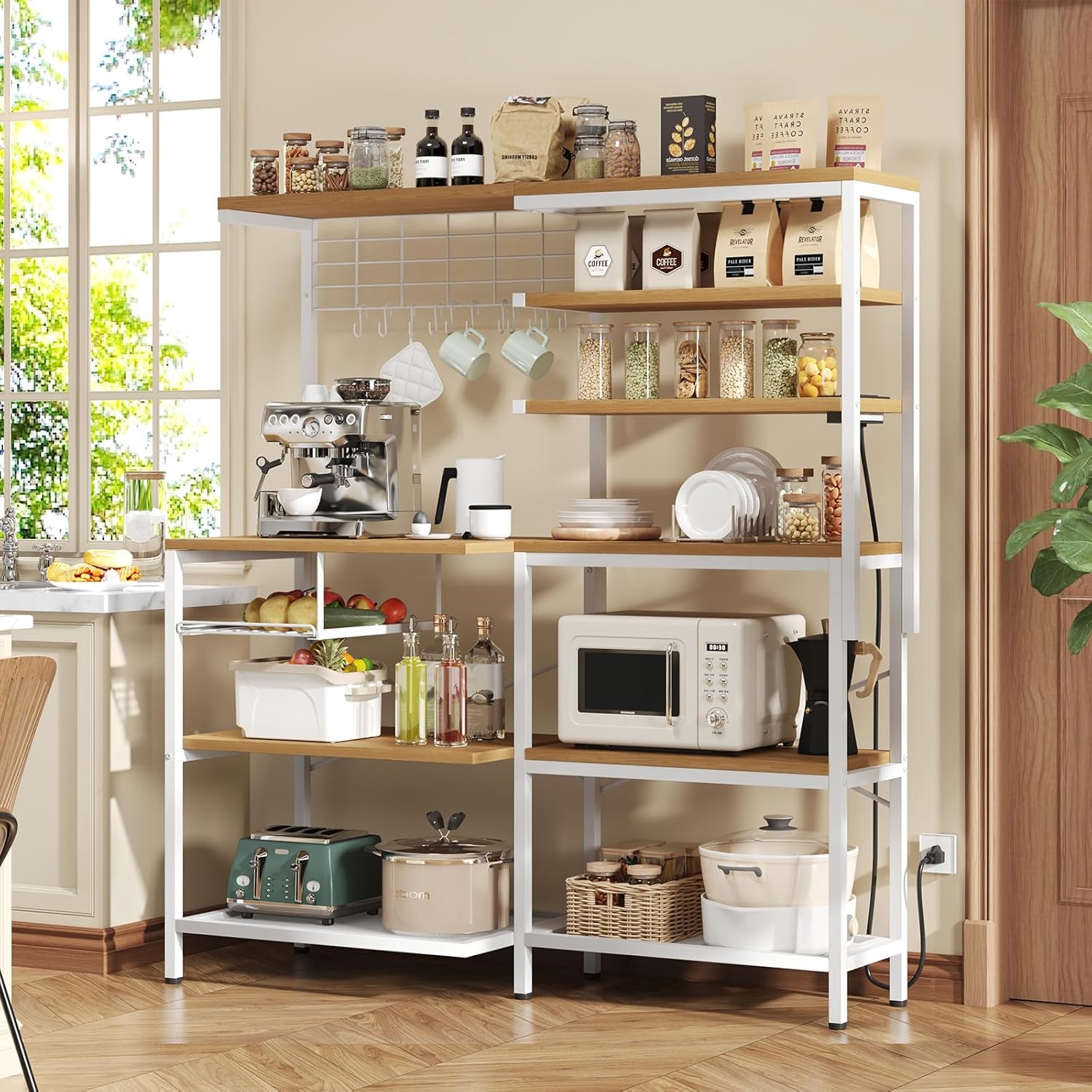 L-Shaped Bakers Rack with Power Sockets, 6-Tier Microwave Stand with Hooks, Coffee Bar with Open Storage, Mesh Grid, Kitchen Shelf with Wire Basket, White