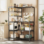 L-Shaped Bakers Rack with Power Outlet, 6-Tier Microwave Stand with Open Storage, Coffee Bar with Hooks, Mesh Grid, Kitchen Shelf with Wire Basket, Black