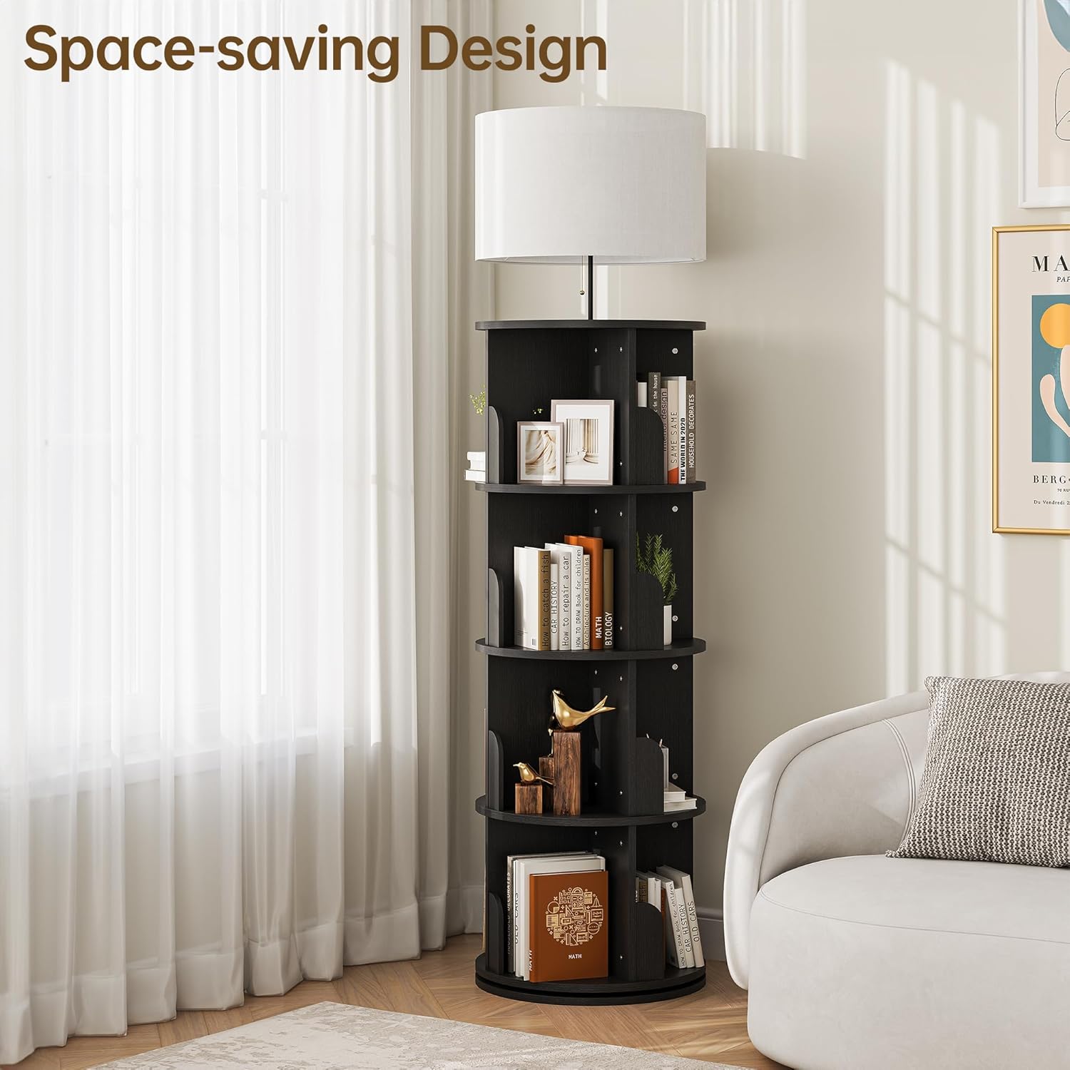 Rotating 4-Tier Bookshelf with Adjustable Light, 360° Spinning Bookcase Tower, Tall Floor Standing Book Shelf for Bedroom, Living Room, Office, Black