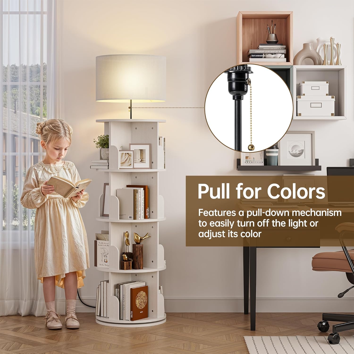 4 Tier Rotating Bookshelf with Lamp, 3 Color Temperatures, Vertical Bookcase Tower, Space-Saving Floor Standing Organizer for Living Room, Bedroom, White