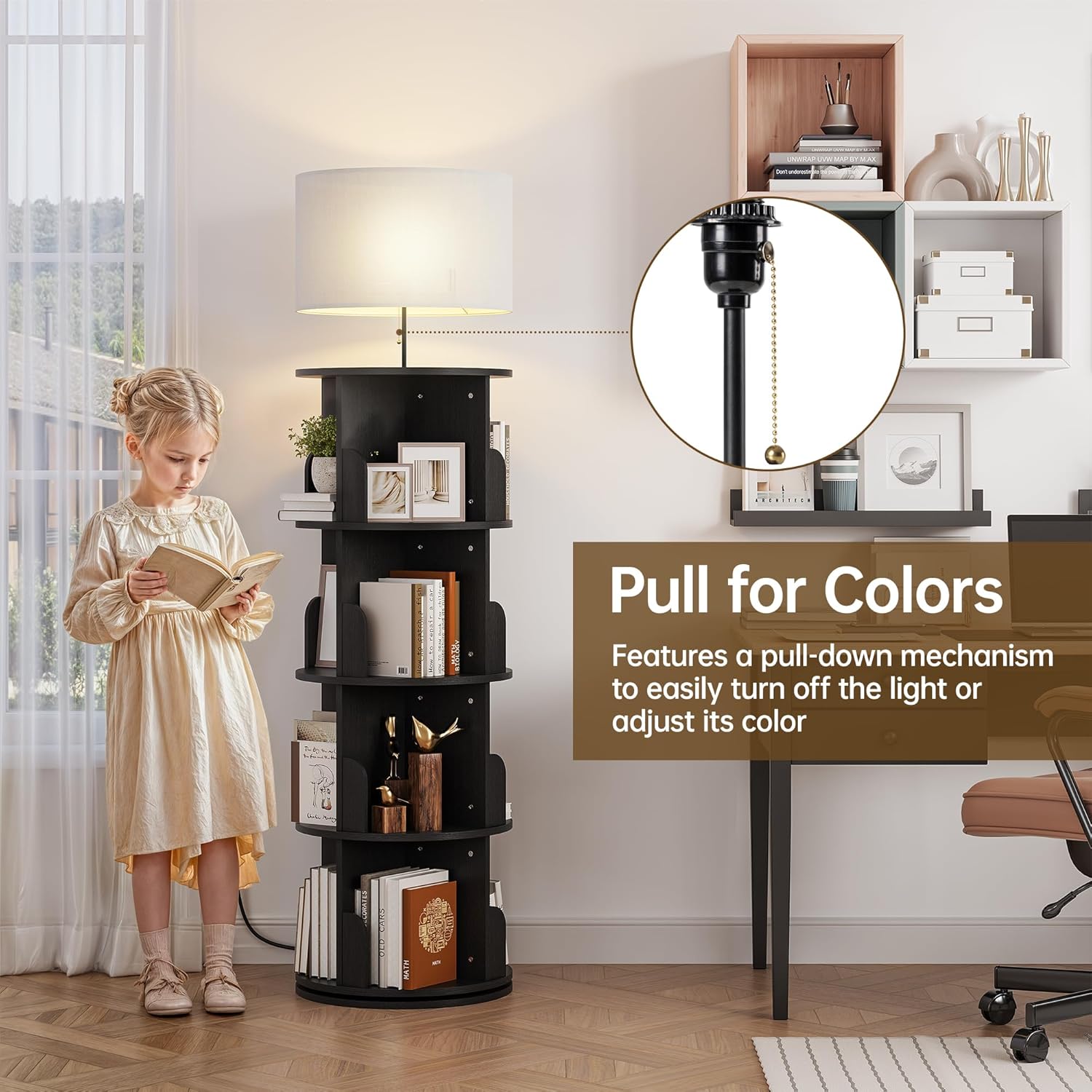 Rotating 4-Tier Bookshelf with Adjustable Light, 360° Spinning Bookcase Tower, Tall Floor Standing Book Shelf for Bedroom, Living Room, Office, Black
