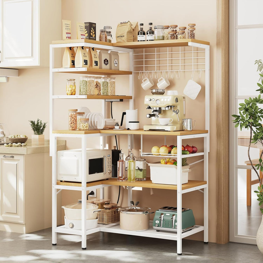 L-Shaped Bakers Rack with Power Sockets, 6-Tier Microwave Stand with Hooks, Coffee Bar with Open Storage, Mesh Grid, Kitchen Shelf with Wire Basket, White