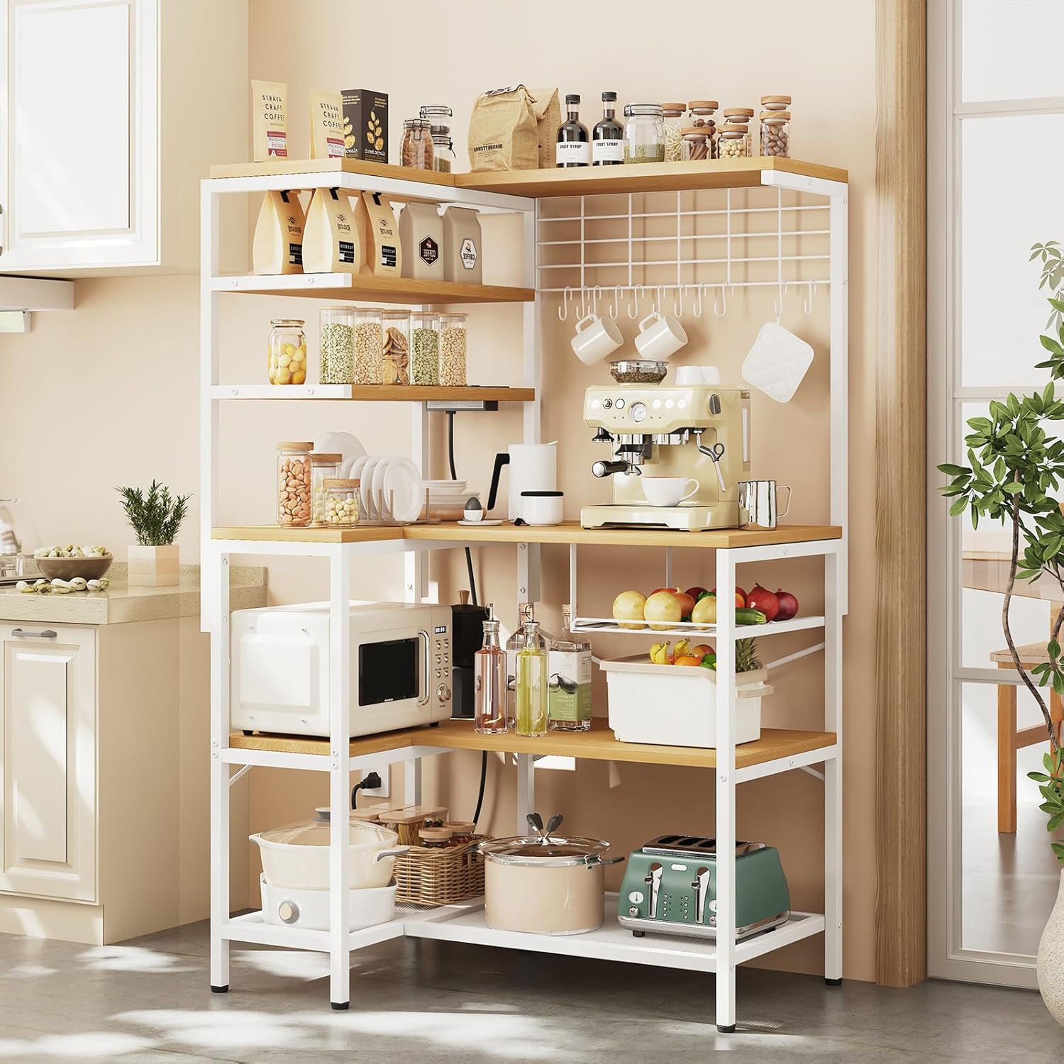 L-Shaped Bakers Rack with Power Sockets, 6-Tier Microwave Stand with Hooks, Coffee Bar with Open Storage, Mesh Grid, Kitchen Shelf with Wire Basket, White