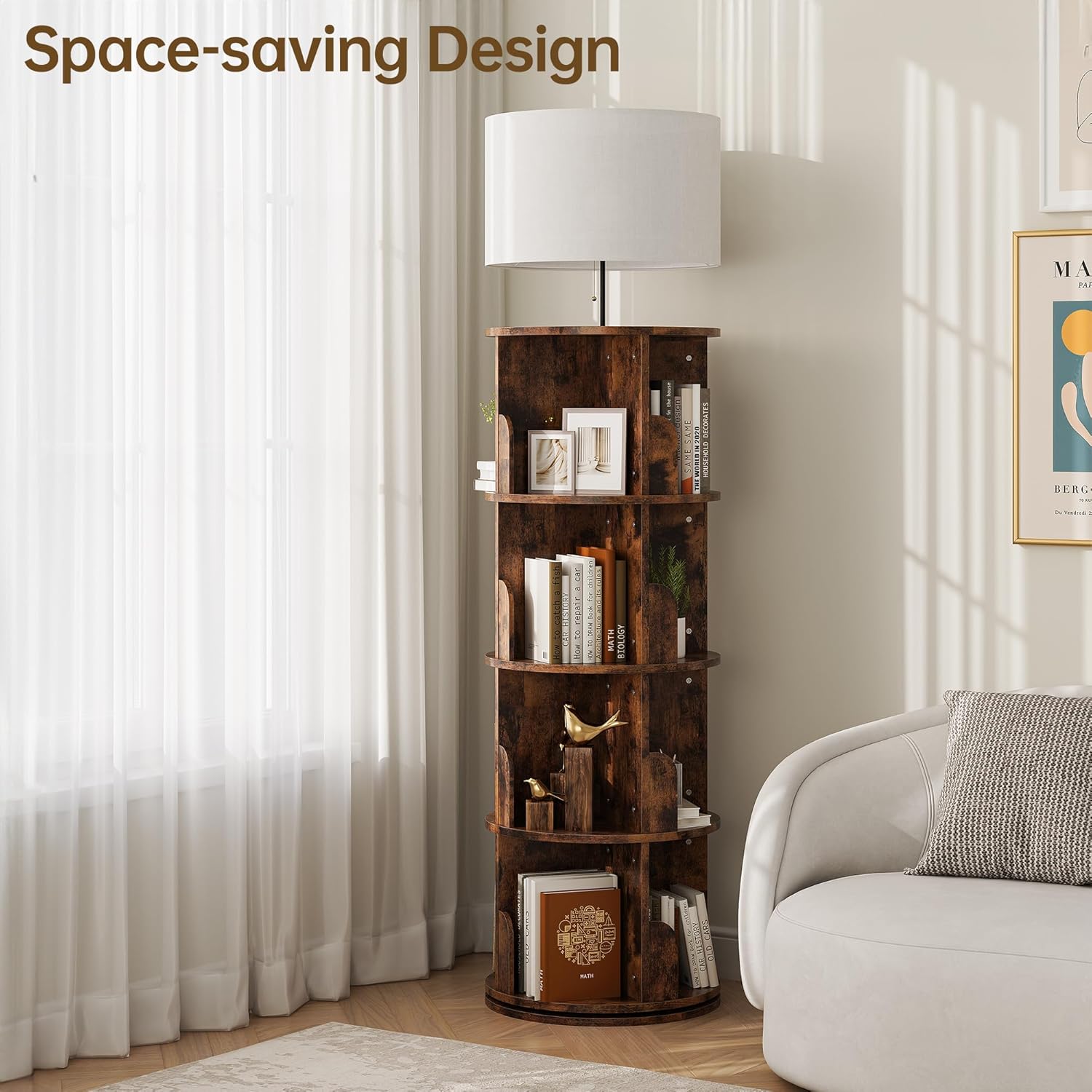 4 Tier Rotating Bookshelf with Light, 360° Spinning Bookcase Tower, Vertical Floor Standing Revolving Bookshelf Organizer for Small Spaces, Corner, Living Room, Bedroom, Rustic Brown
