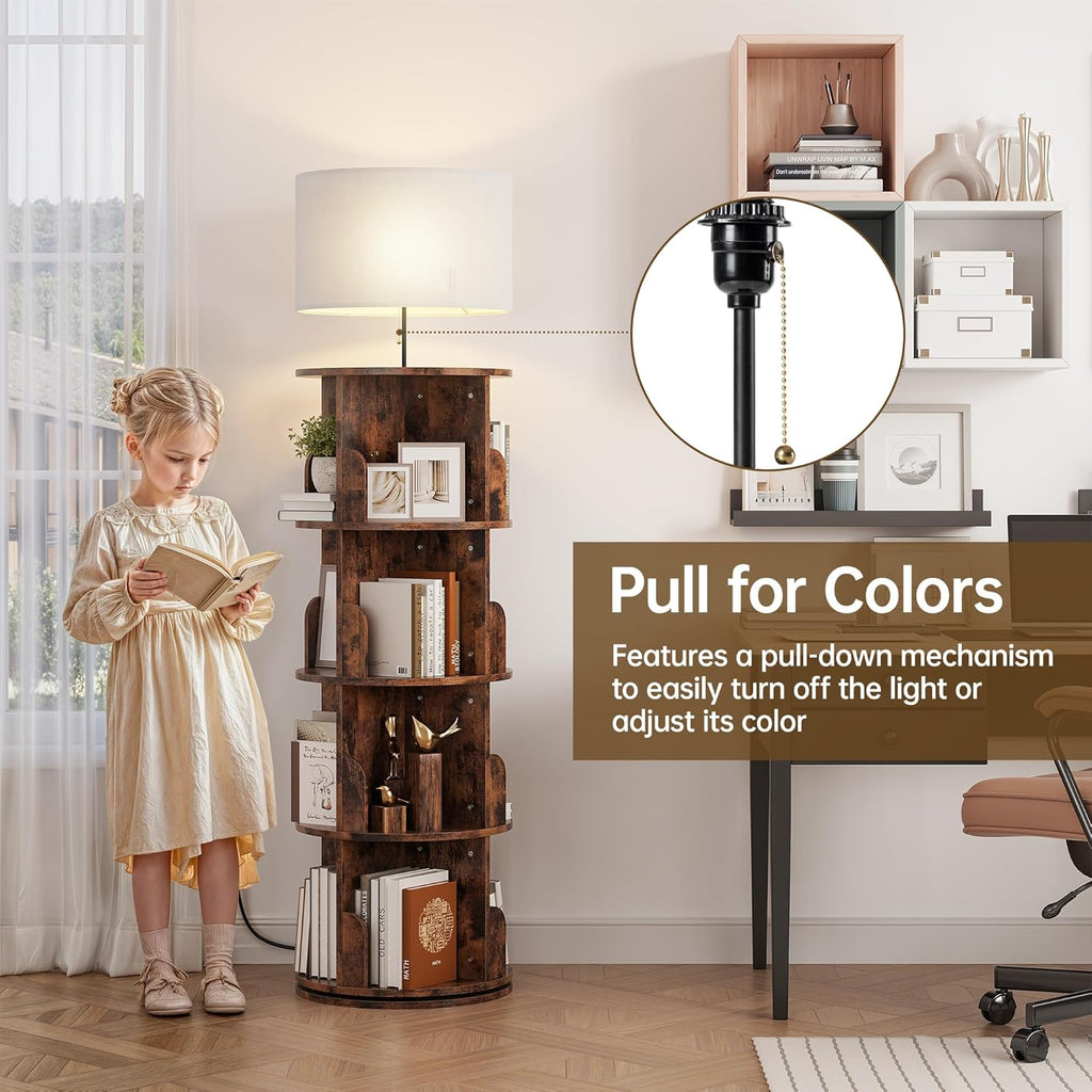 4 Tier Rotating Bookshelf with Light, 360° Spinning Bookcase Tower, Vertical Floor Standing Revolving Bookshelf Organizer for Small Spaces, Corner, Living Room, Bedroom, Rustic Brown