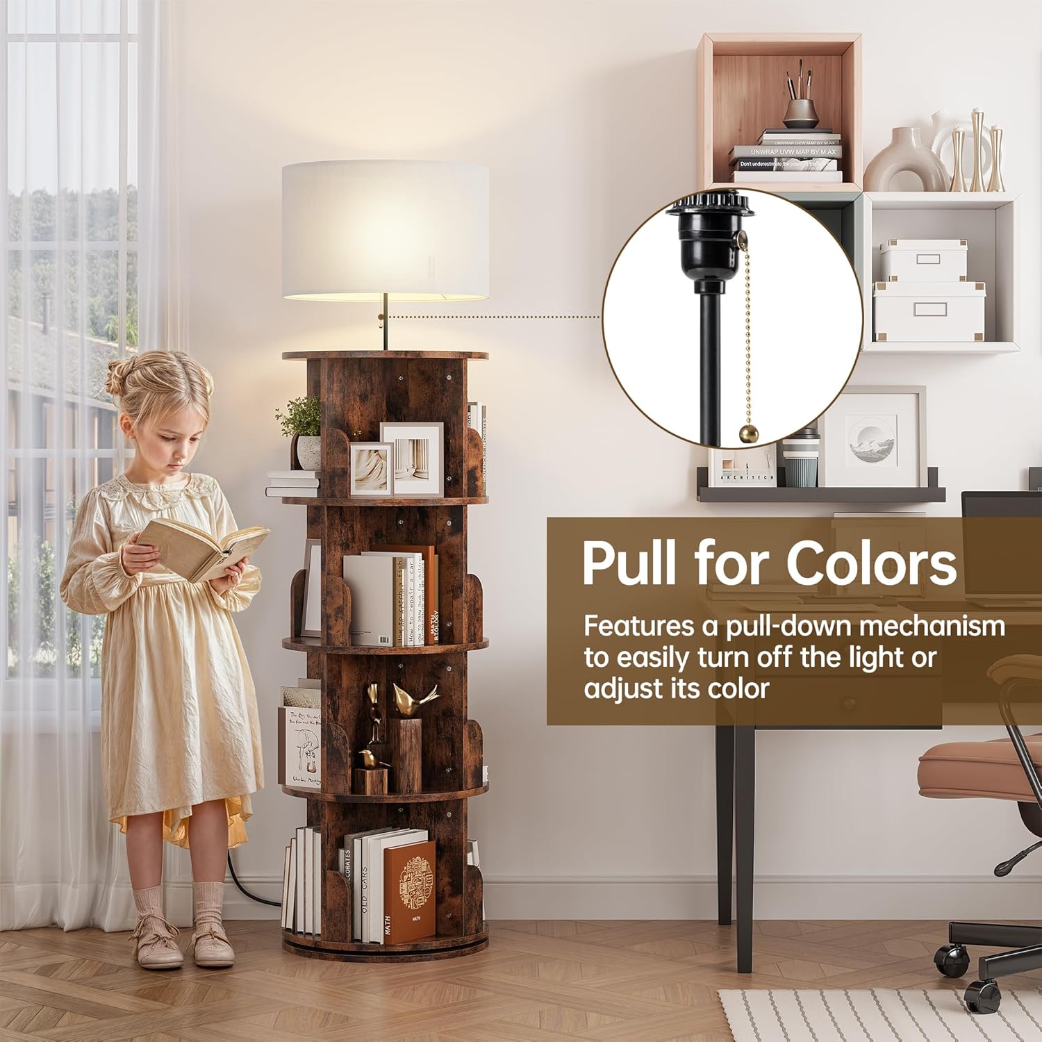 4 Tier Rotating Bookshelf with Light, 360° Spinning Bookcase Tower, Vertical Floor Standing Revolving Bookshelf Organizer for Small Spaces, Corner, Living Room, Bedroom, Rustic Brown
