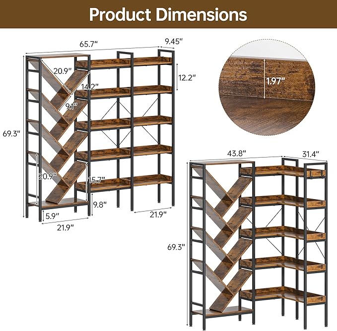 5-Tier Large Corner Tree Bookshelf, Industrial Wooden Tall Bookcase with 2 Hooks, Rustic Brown Open Shelves for Living Room, Bedroom, Home Office