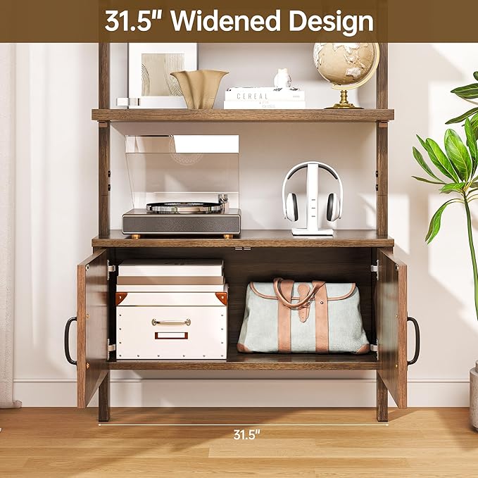 72" Tall Ladder Bookshelf with Cabinet - Faux Wood Grain Finish, 5-Tier Open Storage with Rattan Doors, Wall Mounted Book Shelf, Rustic Brown