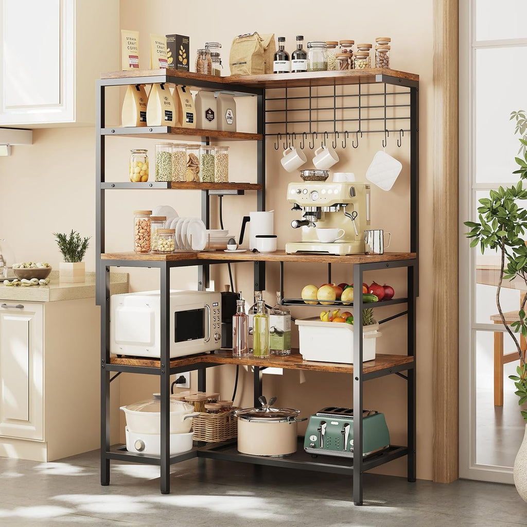 L-Shaped Bakers Rack with Power Outlet, 6-Tier Microwave Stand with Open Storage, Coffee Bar with Hooks, Mesh Grid, Kitchen Shelf with Wire Basket, Rustic Brown and Black