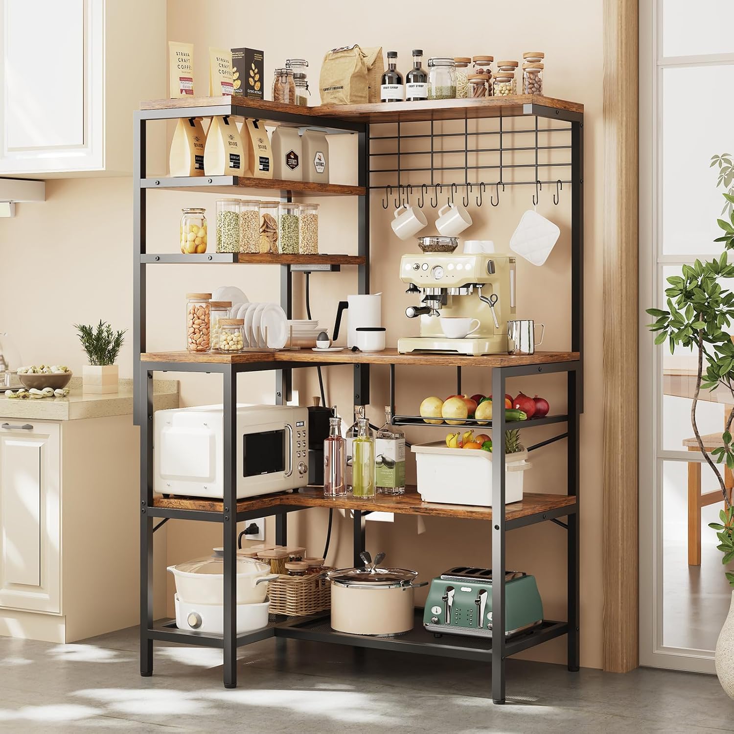 L-Shaped Bakers Rack with Power Outlet, 6-Tier Microwave Stand with Open Storage, Coffee Bar with Hooks, Mesh Grid, Kitchen Shelf with Wire Basket, Rustic Brown and Black