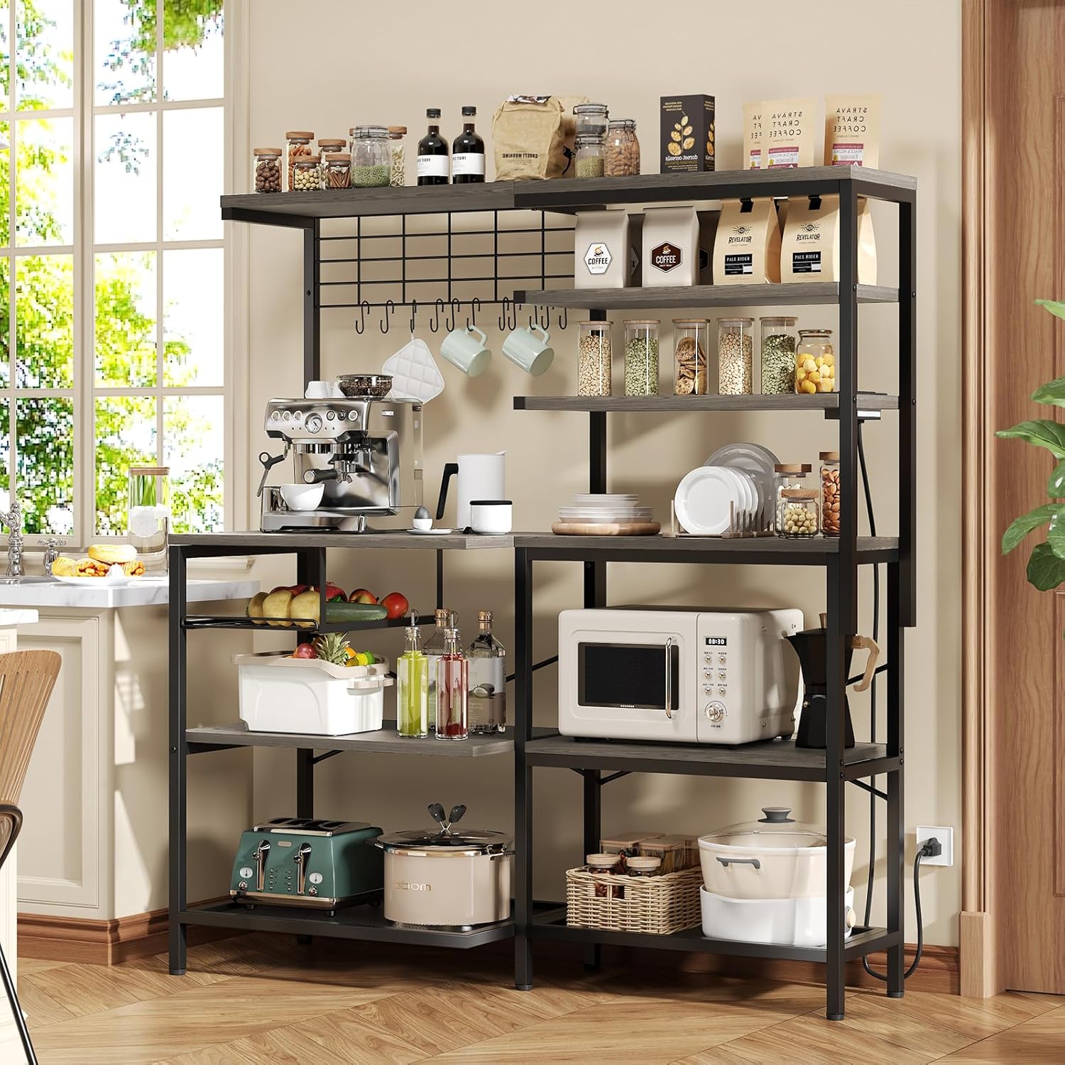 L-Shaped Bakers Rack with Power Outlets, 6-Tier Microwave Stand with Hooks, Coffee Bar with Open Storage, Mesh Grid, Kitchen Shelf with Wire Basket, Grey